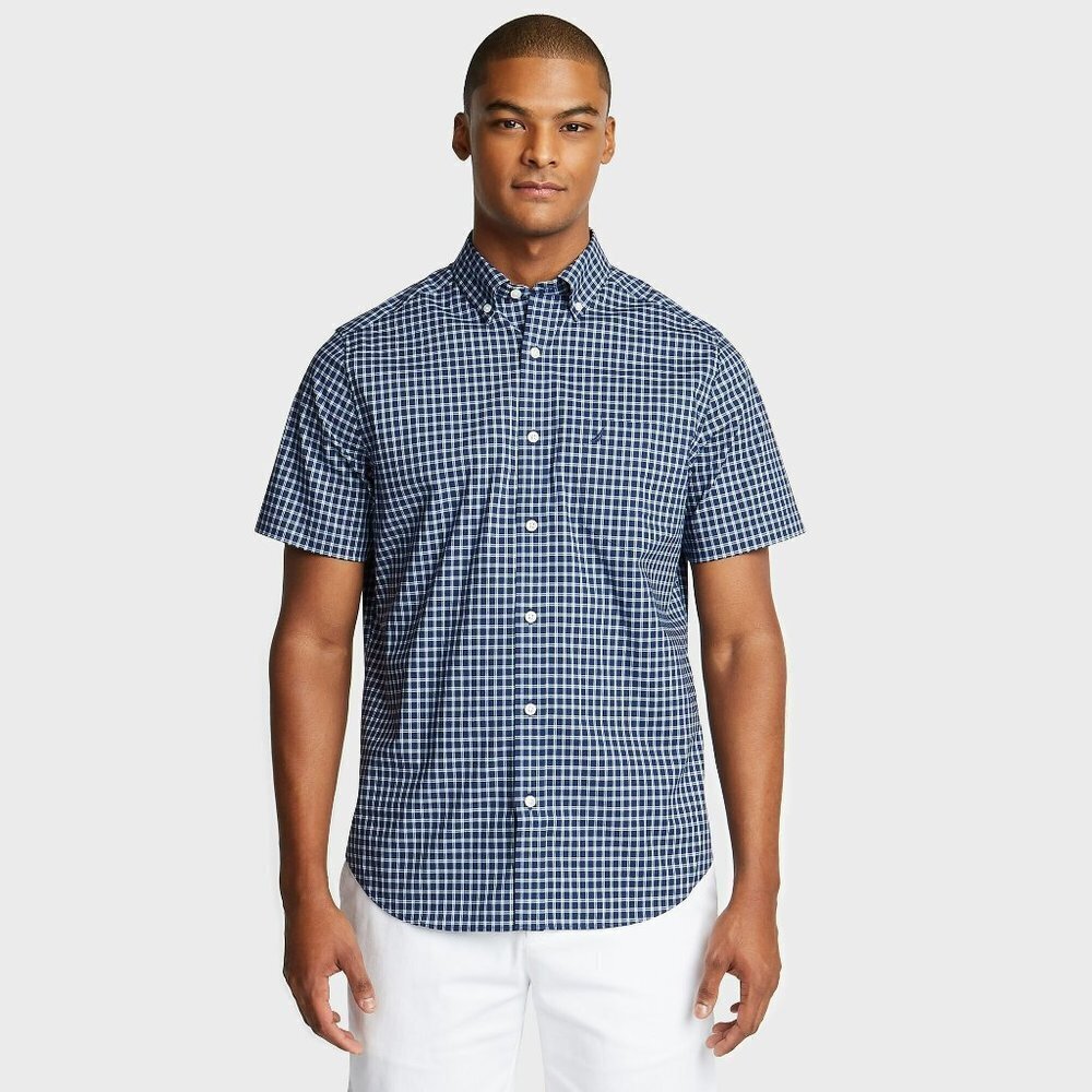 Nautica Wrinkle-Resistant Plaid Blue Short Sleeve Classic Fit Shirt‎ Size Large